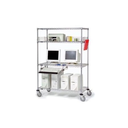 Nexel 4-Shelf Mobile Wire Computer LAN Workstation w/Keyboard Tray, 36inW x 18inD x 69inH, Chrome 250113